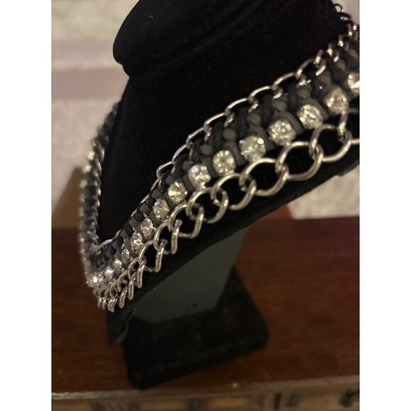 Chunky Silver Chain Necklace With Rhinestone & Black Suede Detailing - Picture 6 of 8